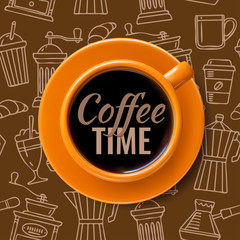 Coffee time. Realistic cup with coffee on a background of coffee theme symbols. Vector illustration
