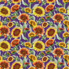 Beautiful orange and yellow coreopsis flowers with leaves on purple background. Seamless botanical pattern. Watercolor painting. Hand painted floral illustration.