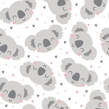 Seamless pattern. Cute character - sleeping animal baby Koala bear. Vector print for baby shower.