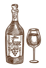 Win in bottle and glass, homemade alcohol drink, winemaking