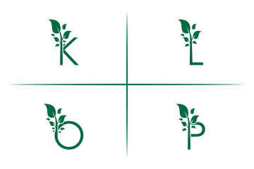 Vector set of green eco letter logo with leaves. Ecological font - Vector illustration. combination leaf and letter K, L, O, and P
