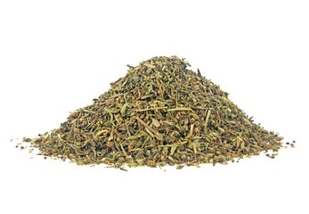Pile of dried savory seasoning isolated on a white background