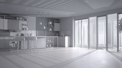 Total white project draft of minimalist open space in patio house, modern kitchen with island and stools, veranda with grass, parquet and venetian blinds, interior design idea