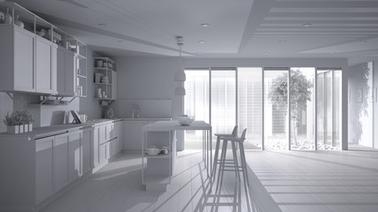 Total white project draft of minimalist open space in patio house, modern kitchen with island and stools, veranda with grass, parquet and venetian blinds, interior design idea