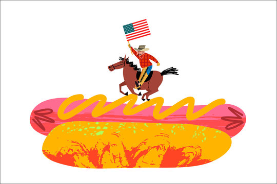 Cowboy riding a horse with an American flag in his hand. Big hot dog. Vector illustration on white background.