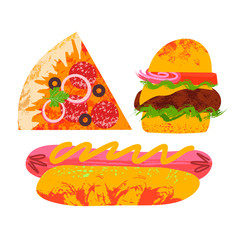 Collection of fast food. Vector illustration on white background. With unique hand drawn vector textures.