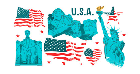 A set of vector elements. USA, American landmarks, statues and monuments. The statue of liberty, Lincoln monument and mount Rushmore national memorial. American flag. - 297768753