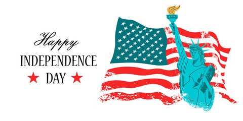 July 4 independence Day. Vector poster, greeting card. Statue of liberty with a torch in his hand on the background of the American flag. © katedemian