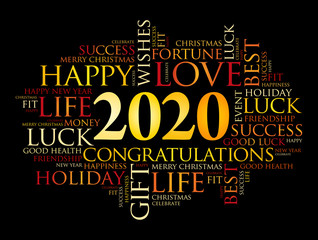 2020 year greeting word cloud collage, Happy New Year celebration greeting card