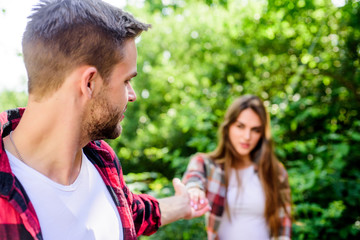 Fototapeta premium Forever yours. happy valentines day. summer camping in forest. family weekend. romantic date. couple in love. couple first meet outdoor. Relations. man in selective focus with girl in park
