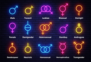 Gender neon icons set. Sexual orientation concept, collection light signs. Sign boards, light banner. Neon isolated icon, emblem, design template. Vector Illustration