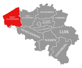 Fototapeta na wymiar West Flanders red highlighted in map of Belgium