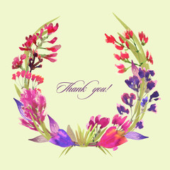 Thank you! Wreath of flowers. Thank you card. Greeting card with floral flower. Element for postcard design and printing, as well as for web design.