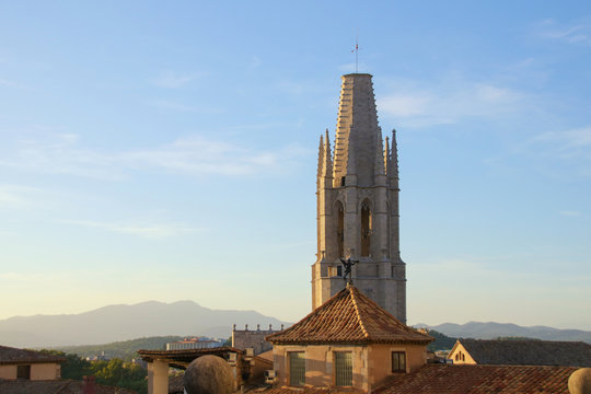 The tower from Collegiate Church of St. Felix Girona (in dusk), Catalonia, Spain 