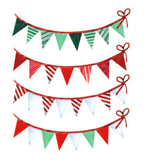 Set of tree decorative elements. Festive triangular paper flags. Decor red and green colors with ornament. Christmas. Decorative elements. Hand drawn watercolor illustration on white background