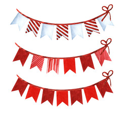 Obraz premium Set of tree decorative elements. Festive classic paper flags. Decor red colors with ornament. Christmas. Decorative elements. Hand drawn watercolor illustration isolated on a white background