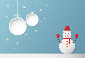 Christmas and happy new year blue vector background with snowman, celebration concept, paper art design