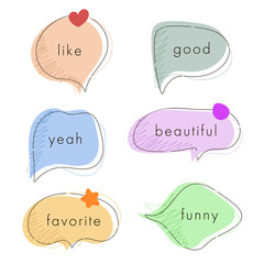 Pastel color simple speech bubbles. Colorful doodle speech bubbles. Dialog windows with phrases: yeah, like, good, favorite, funny, beautiful