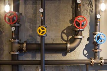 Pressure gage in the pipeline,measuring water pressure.pipe and valves
