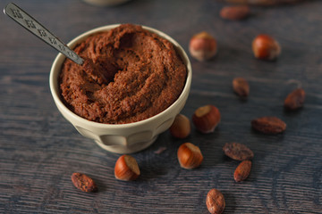 Vegan chocolate mousse made with chickpeas, roasted hazelnuts and raw cocoa