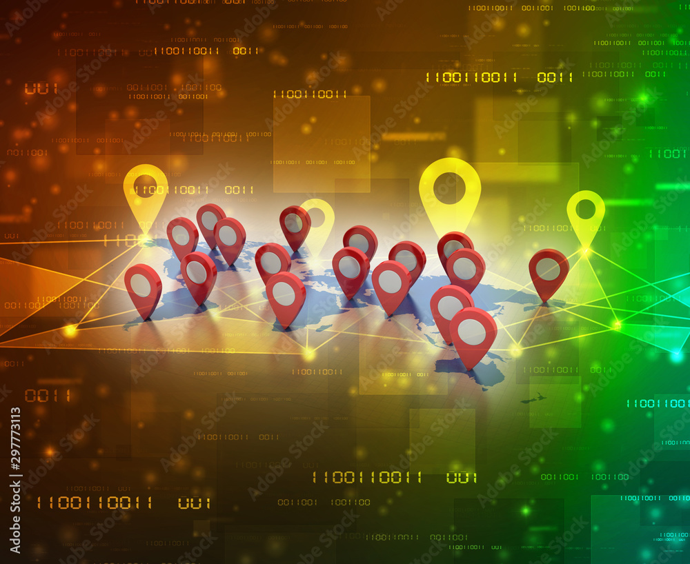 Fototapete 3d rendering red map pointer with world map