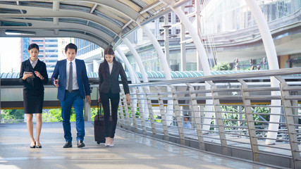 group smart business people of man and woman walk together in rush hour in feeling stress  with...