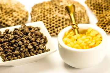 Propolis and bee wax, closeup of the bee products