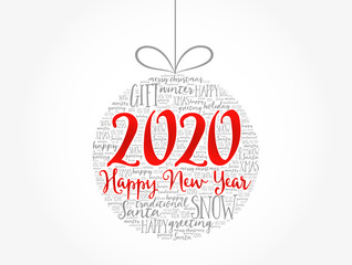 Fototapeta na wymiar Happy New Year 2020, Christmas ball word cloud, holidays lettering collage