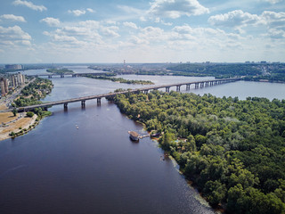 Obraz premium Aerial drone view of Dnipro river and Kyiv city.