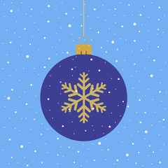 Blue Christmas ball with gold snowflake decoration on snow sky background. New year holiday concept. Vector flat illustration.