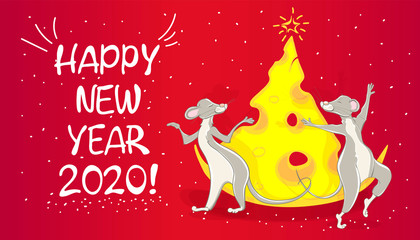 Dance party with hand drawn funny mice character celebrating happy new year on yellow background