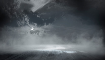 Background of empty dark scene with wooden old floor. Neon light smoke. Dark abstract background. Night wooden table	