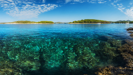 Fototapeta na wymiar Panorama view of clear blue water in hvar island mediterranean sea croatia