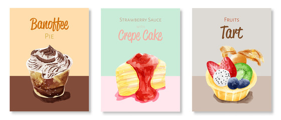 Set of cakes in watercolor painting style. Design for printing, postcard, menu, and others. Vector illustration.