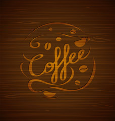 Vector composition with coffee and coffee cups on a wooden background for your design