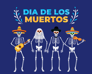 Day of the dead party. Dea de los muertos banner. Painted skeletons play musical instruments