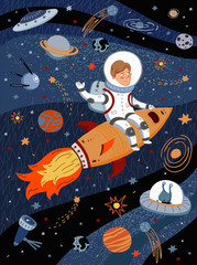 Naklejki  Ilustracja wektorowa ładny astronauta w kosmosie na rakiecie. Rysunek latającego kosmonauty wśród planet, kosmitów i gwiaździstego nieba