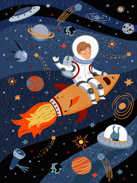 Cute vector illustration of an astronaut in space on a rocket. Drawing of a flying cosmonaut among planets, aliens and starry sky