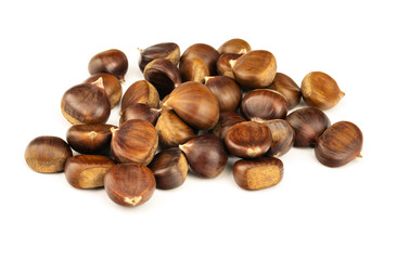 Chestnuts with shell isolated on white background, a pile of fresh chestnuts