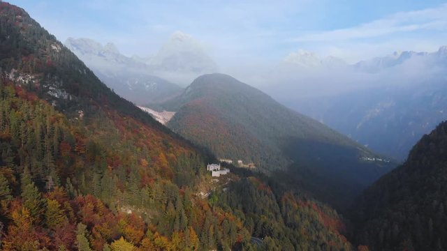 Autumn aerial view of Fort Predel, in Slovenia, at the foot of The Julian Alps