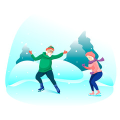 Happy elderly couple riding on the rink. Winter outdoor activities