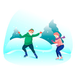 Naklejka premium Happy elderly couple riding on the rink. Winter outdoor activities
