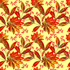 Fototapeta na wymiar Leaves and berries illustration, seamless pattern.