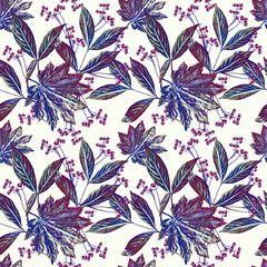 Leaves and berries illustration, seamless pattern.