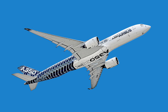 Airbus A350-900 low flyby.The Airbus A350 is the new long-range jet airliner. MAKS-2017 airshow at Zhukovsky - Ramenskoe airport.  JULY 19, 2017. ZHUKOVSKY, MOSCOW REGION, RUSSIA