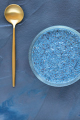 Blue spirulina chia seed pudding bowl. Superfood and vegan concept.