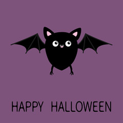 Happy Halloween. Cute black bat flying silhouette icon. Cartoon kawaii funny baby character with big open wing, eyes, ears, legs. Forest animal. Flat design. Violet background. Isolated. Greeting card