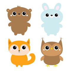 Fototapeta premium Bear hare rabbit fox owl. Forest animal toy icon line set. Cute kawaii cartoon funny baby character. Kids education cards. Flat design. White background. Isolated.
