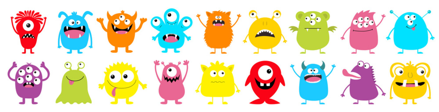 Happy Halloween. Monster colorful round silhouette icon super big set line. Eyes, tongue, tooth fang, hands up. Cute cartoon kawaii scary funny baby character.White background. Flat design.