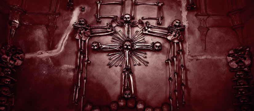 Sedlec Ossuary- Human skulls and bones (UNESCO)  in Kutna Hora town, Central Bohemia region. 02.05.2015, Kutna Hora, Czech republic, Europe